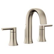 Brushed nickel widespread bathroom faucet with arched spout and two lever handles in contemporary style.