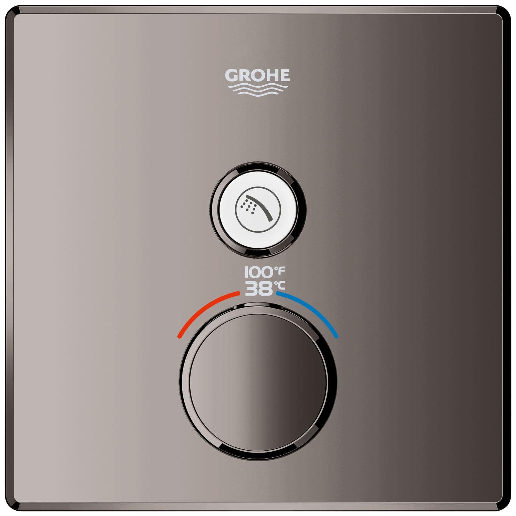 Matte black Grohe thermostatic valve trim with temperature dial, shower function button, and digital display showing 100°F an