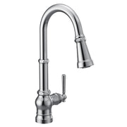 Chrome pulldown kitchen faucet with curved spout, single handle lever, and spray head nozzle.