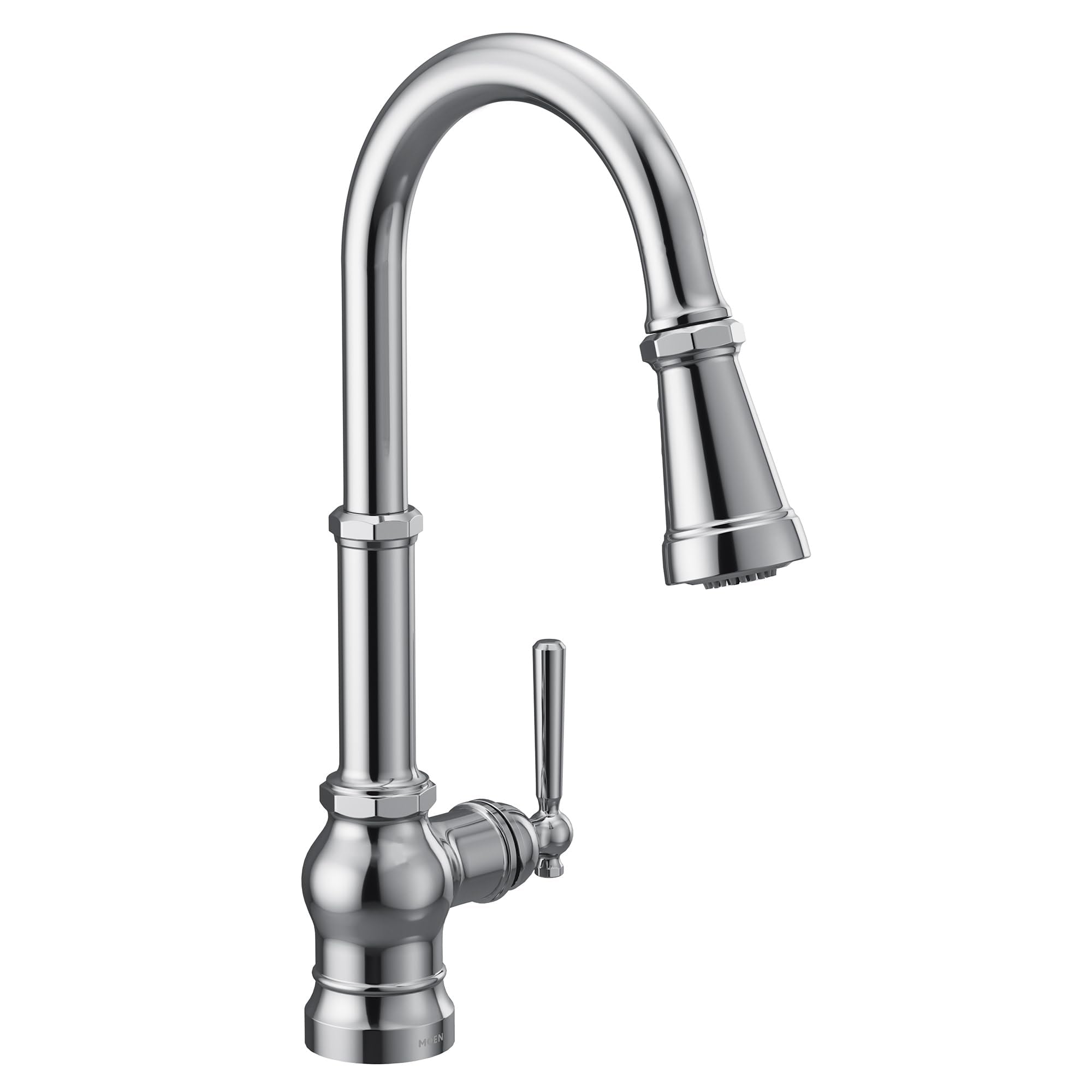 Chrome pulldown kitchen faucet with curved spout, single handle lever, and spray head nozzle.
