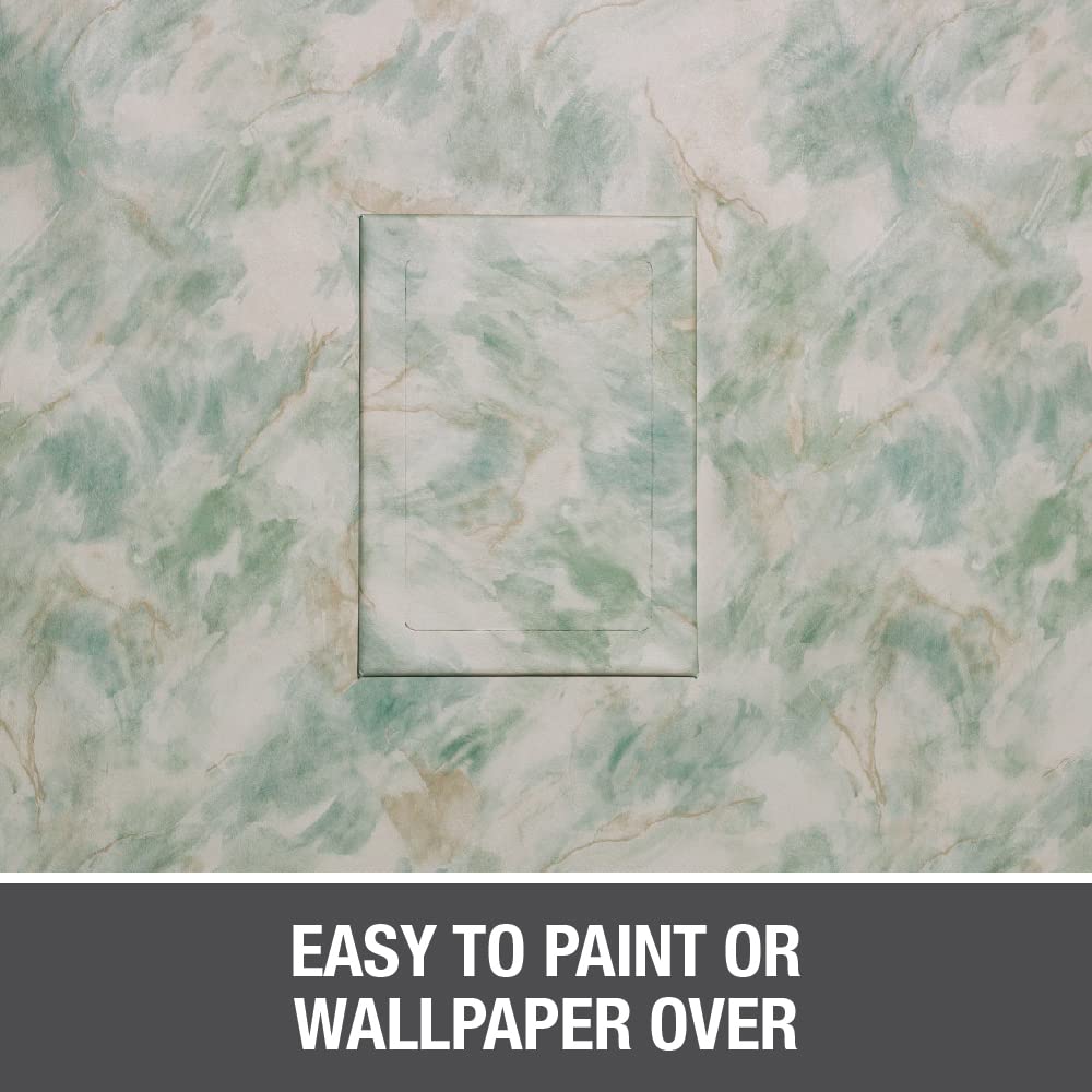 White rectangular wall access panel mounted on green and cream patterned wallpaper.