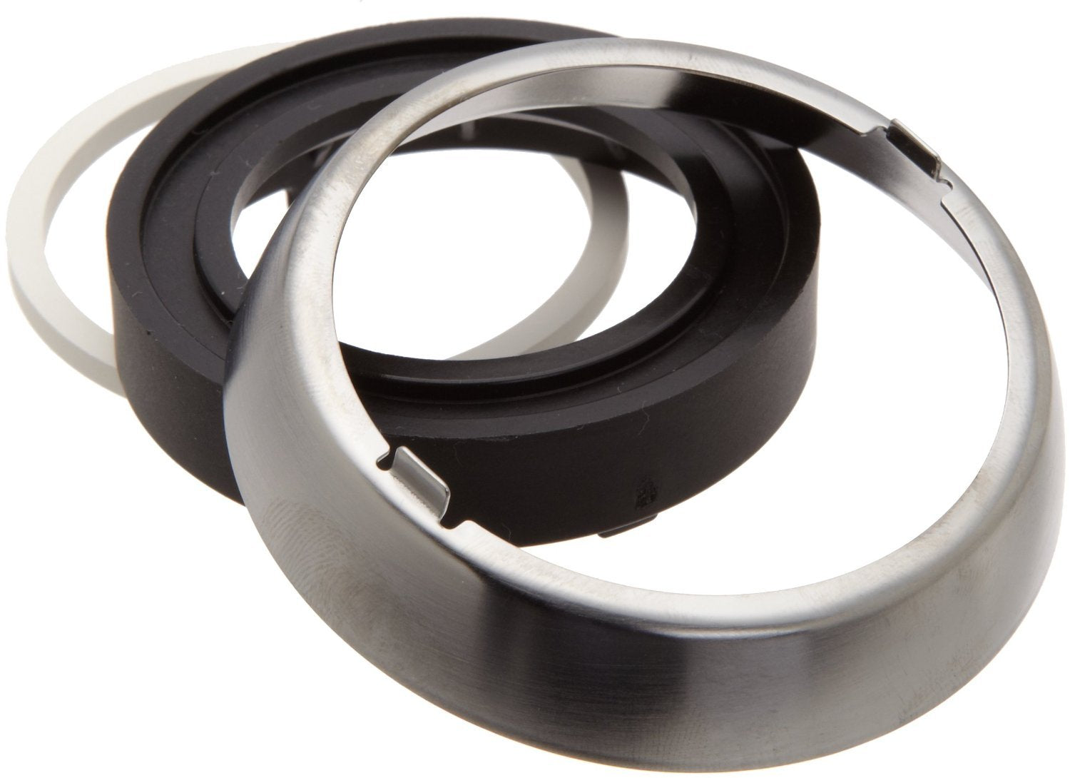 Stainless steel trim ring, black rubber gasket, and metal base components stacked together.