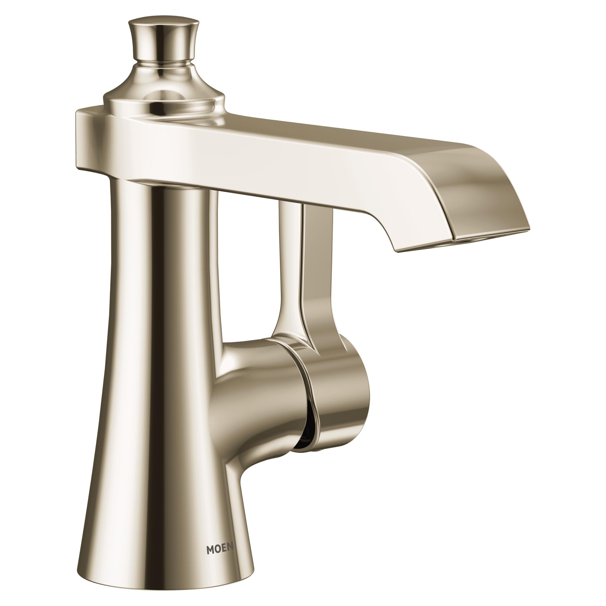 Polished nickel single-handle bathroom faucet with curved spout and cylindrical body.