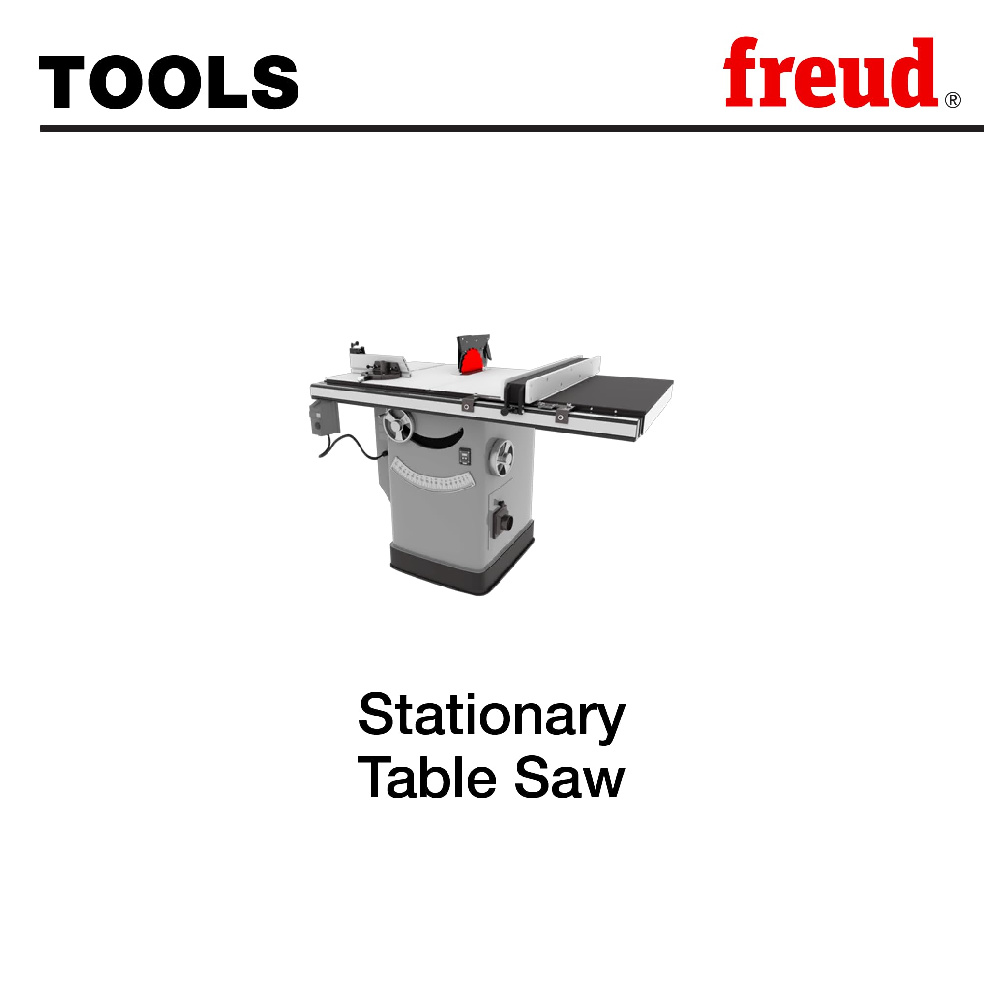 Stationary table saw with gray cabinet base, black table surface, and red control button mounted on top.