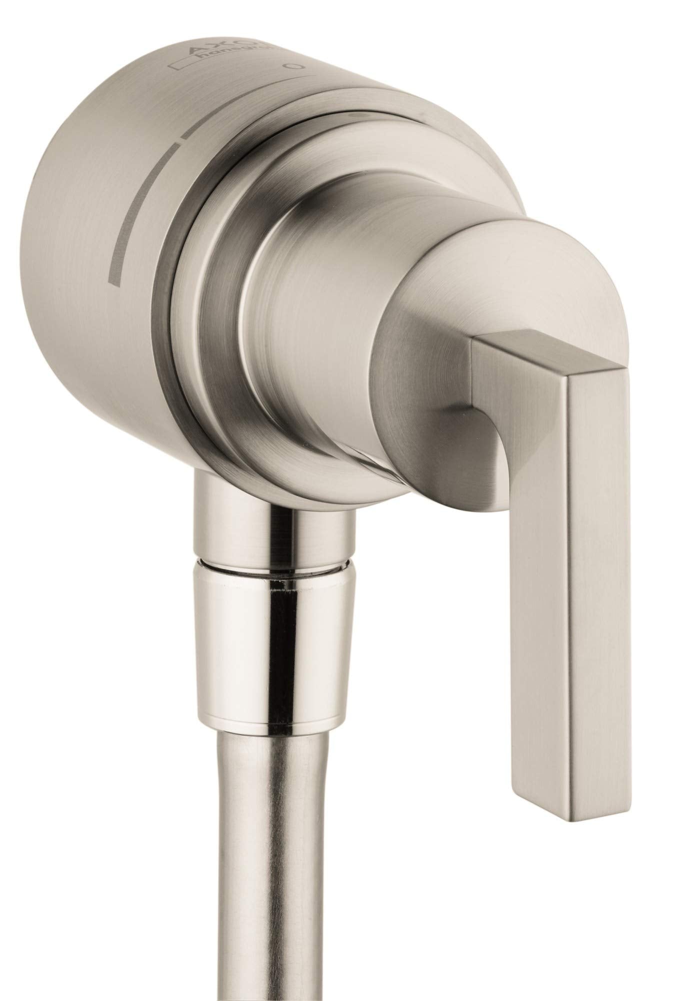 Brushed nickel wall outlet with lever handle and cylindrical connector for hose attachment.