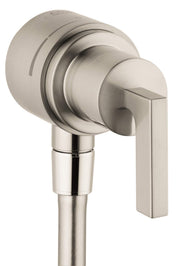 Brushed nickel wall outlet with lever handle and cylindrical connector for hose attachment.