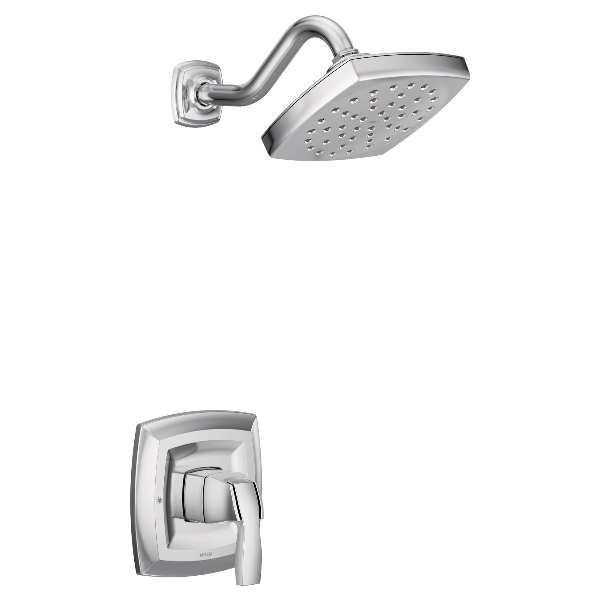 Chrome shower trim kit with single handle lever and square rainfall showerhead with perforated spray pattern.