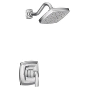 Chrome shower trim kit with single handle valve, rectangular showerhead with perforations, and curved arm mount.