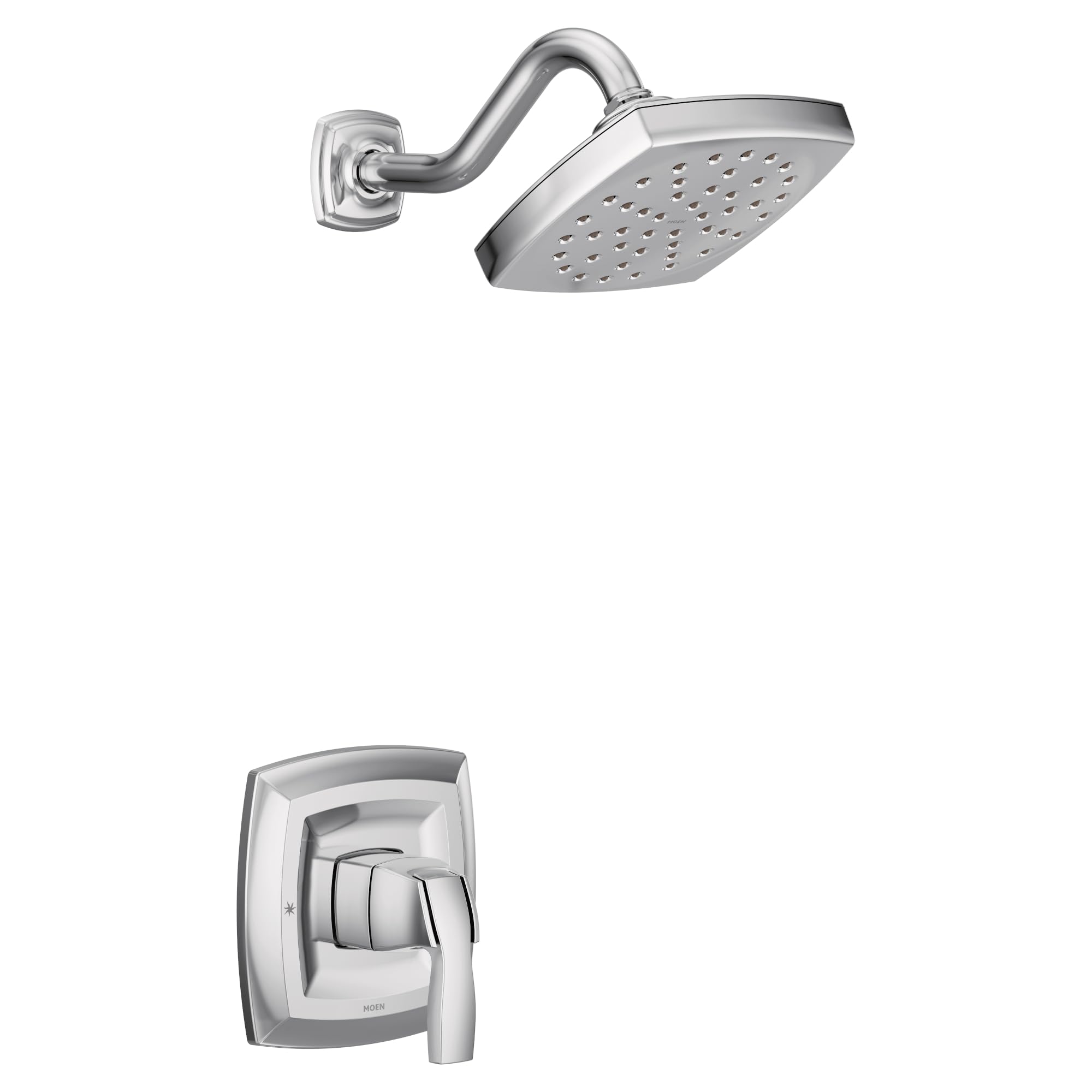 Chrome shower trim kit with single handle valve, rectangular showerhead with perforations, and curved arm mount.