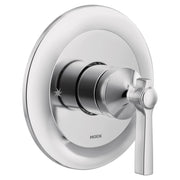 Chrome single-handle shower valve trim with round escutcheon plate and lever handle.