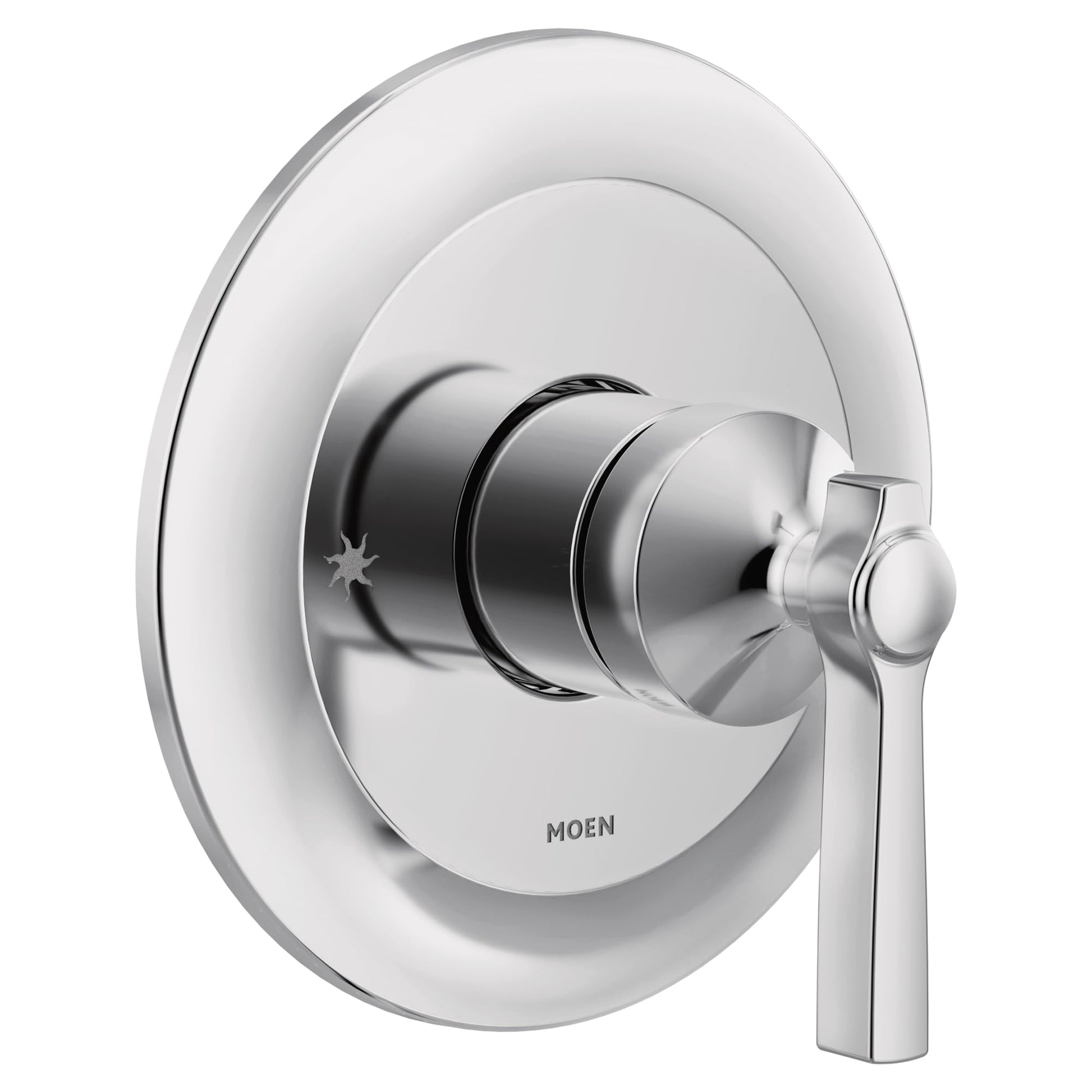 Chrome single-handle shower valve trim with round escutcheon plate and lever handle.