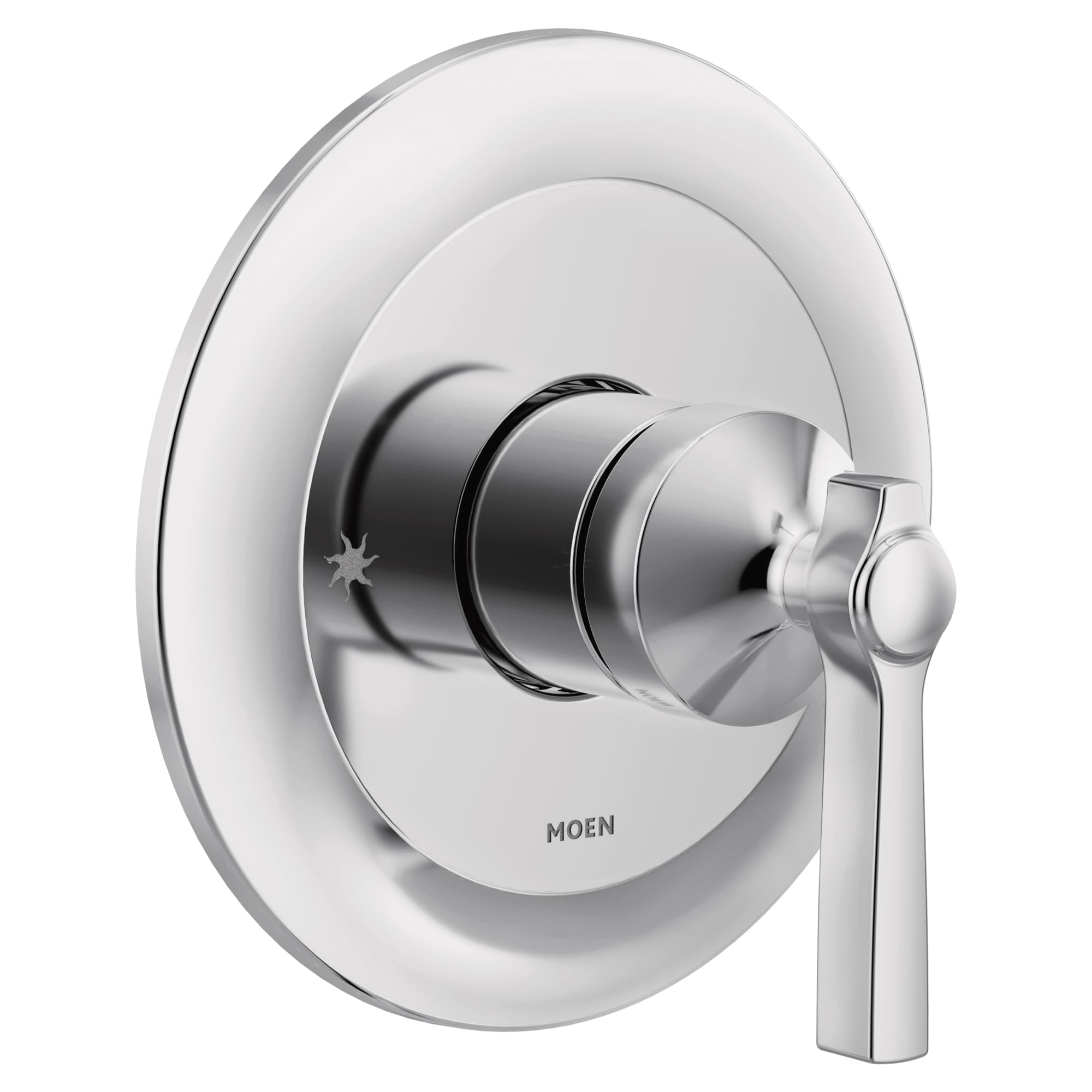 Chrome single-handle shower valve trim with round escutcheon plate and lever handle.