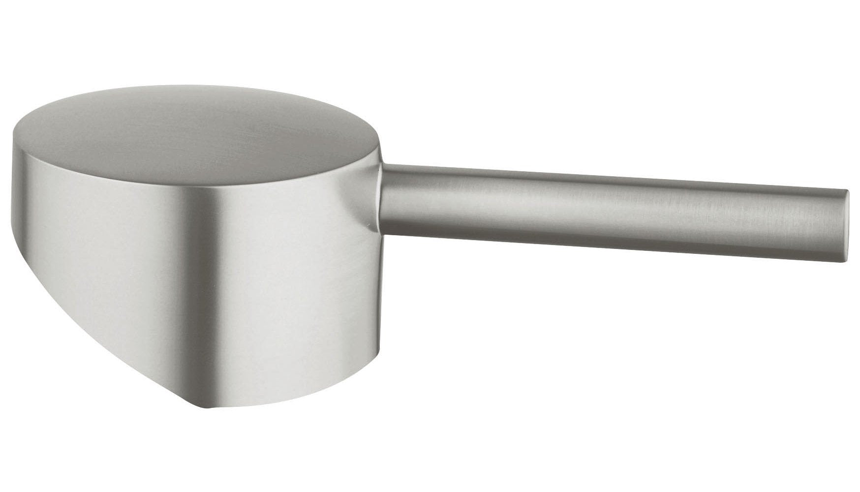 Stainless steel lever handle with curved cylindrical grip and extended straight arm in brushed finish.