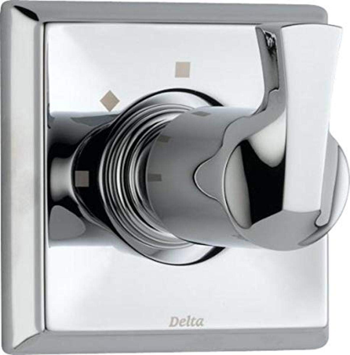 Chrome shower diverter trim with lever handle and square escutcheon plate mounted on white background.
