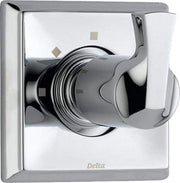 Chrome shower diverter trim with lever handle and square escutcheon plate mounted on white background.