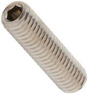 Metallic set screw with hex socket opening on threaded cylindrical shaft.