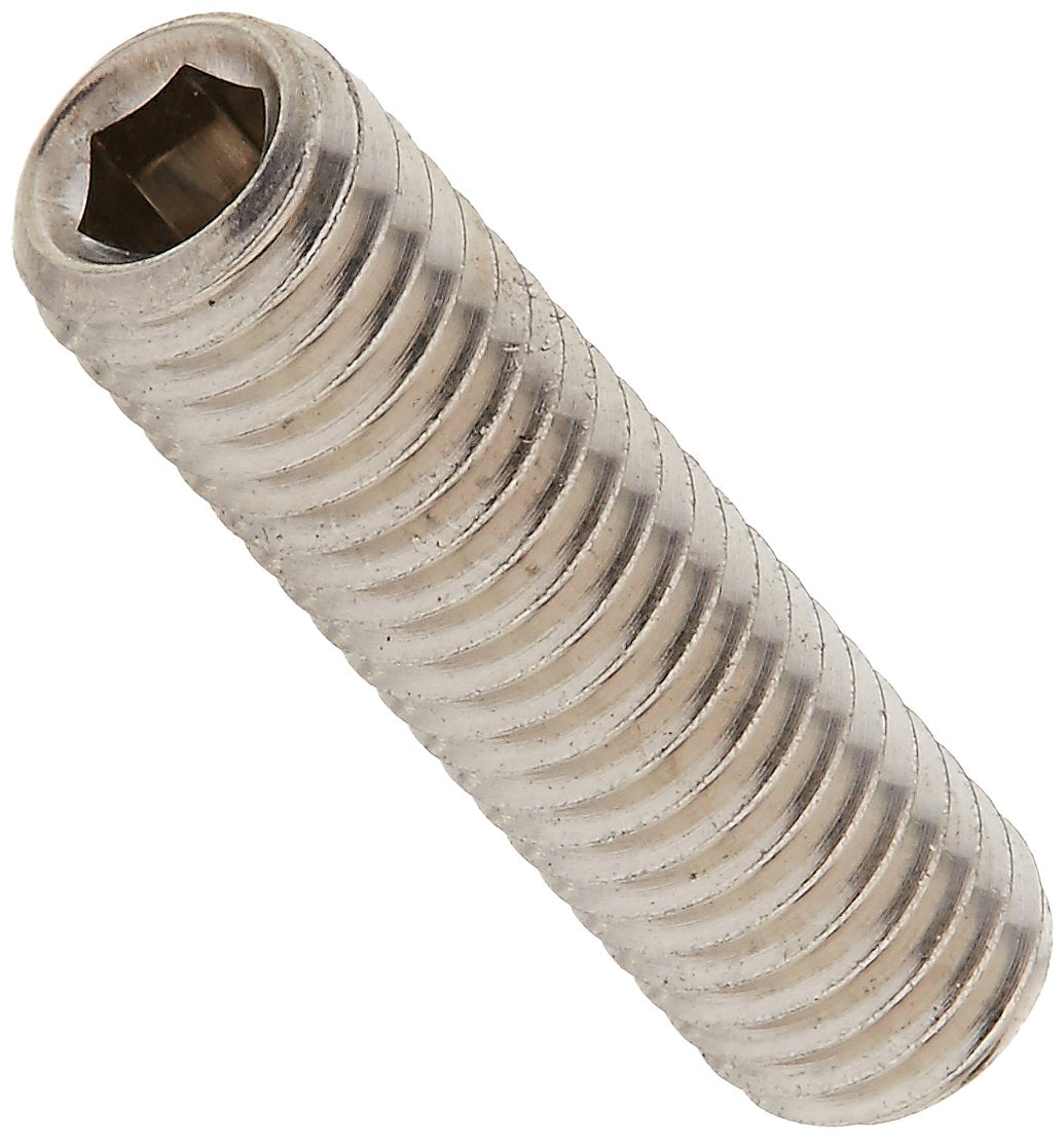 Metallic set screw with hex socket opening on threaded cylindrical shaft.