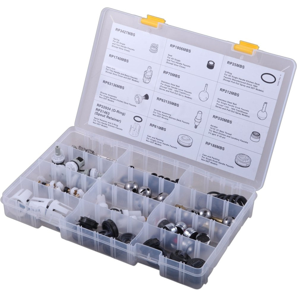 Clear plastic organizer box with yellow latches containing assorted plumbing parts and hardware in labeled compartments.