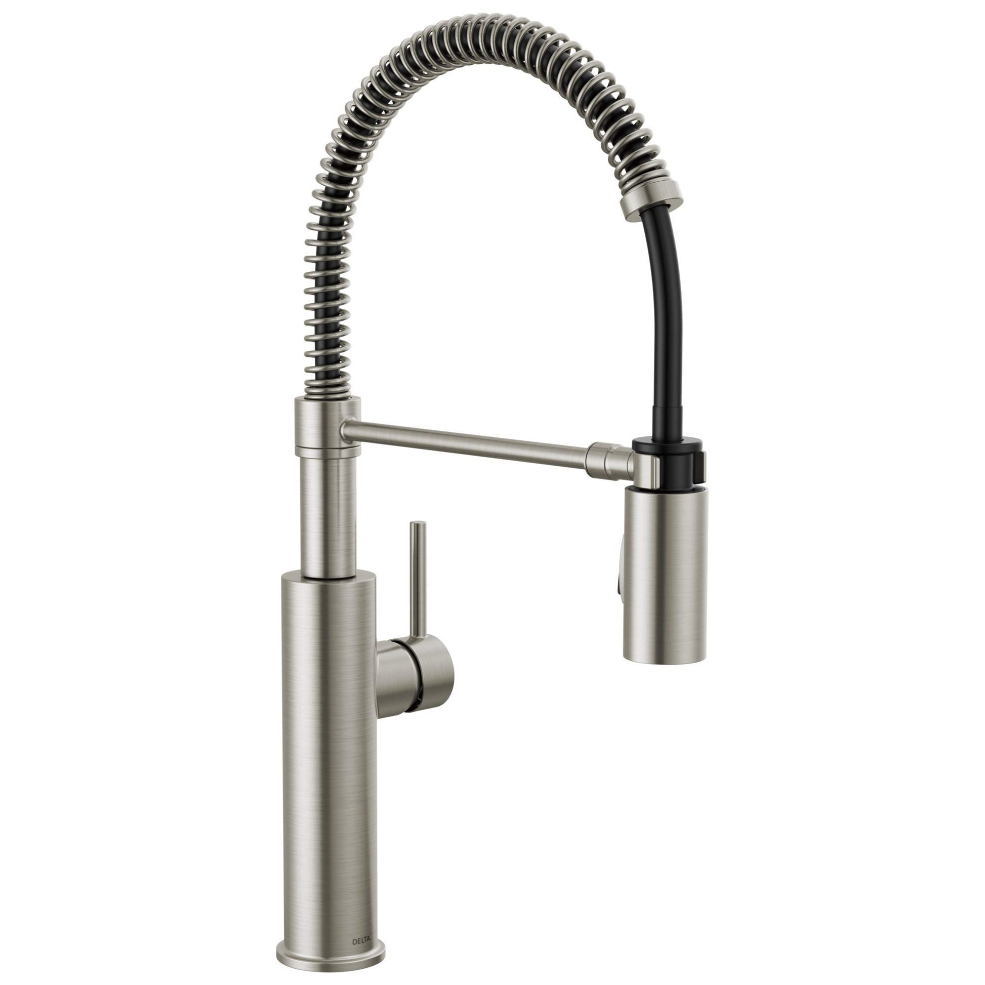 Stainless steel kitchen faucet with pull-down spring spout, single lever handle, and coiled hose.