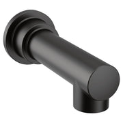 Matte black cylindrical tub spout with round flange and angled outlet for wall mounting.