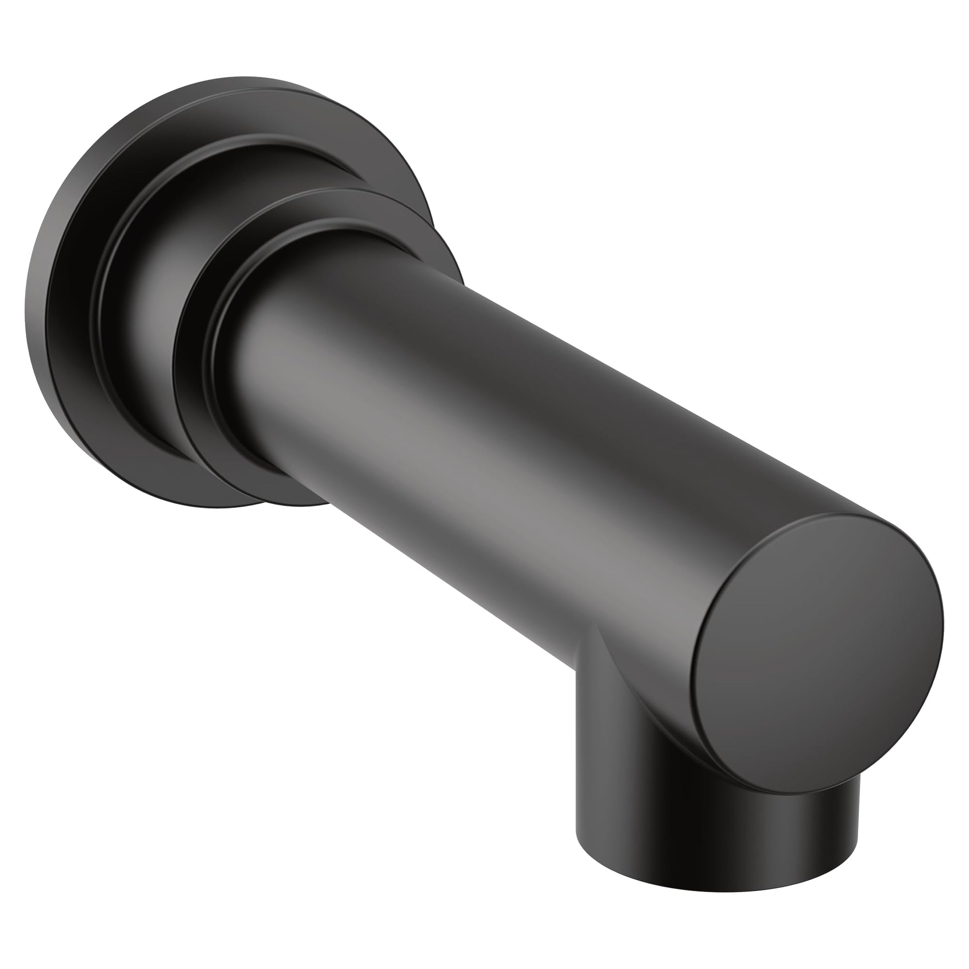 Matte black cylindrical tub spout with round flange and angled outlet for wall mounting.