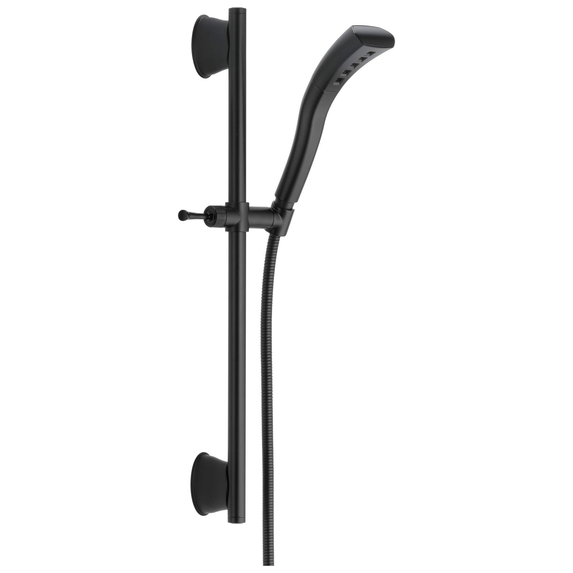Black slide bar hand shower with curved head, adjustable holder, and hose connection on vertical rail.