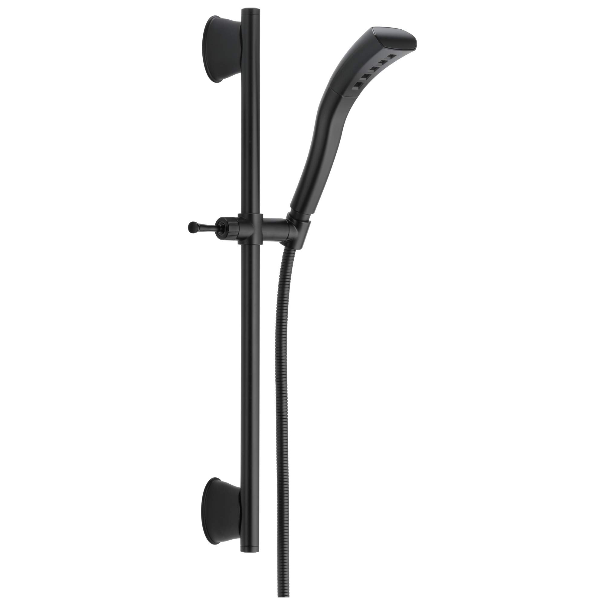 Black slide bar hand shower with curved head, adjustable holder, and hose connection on vertical rail.
