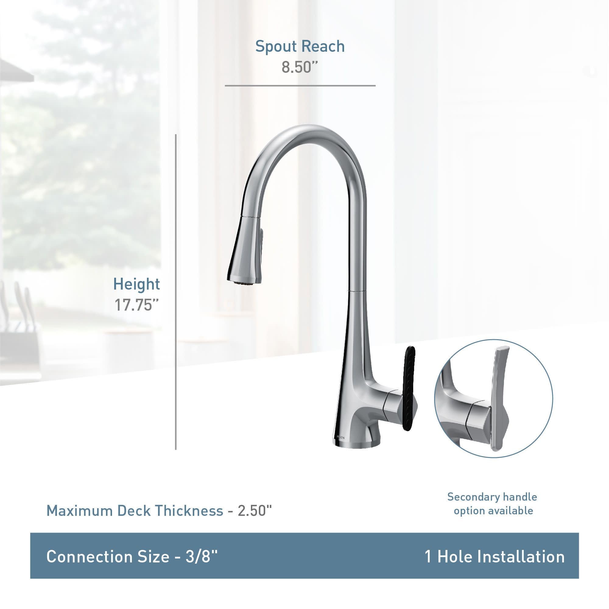 Stainless steel high-arc pulldown kitchen faucet with single black handle and 8.5" spout reach.
