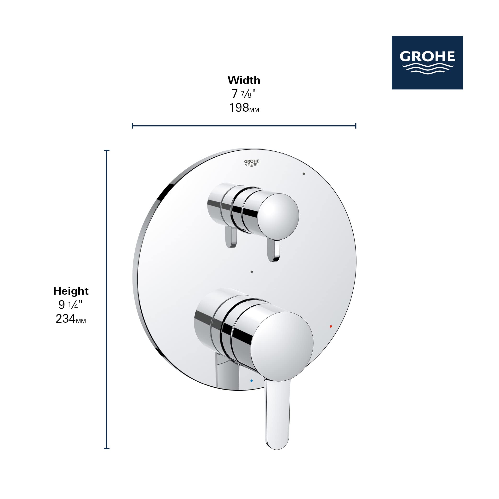 Grohe Cosmopolitan brushed nickel pressure balance valve trim with dual round handles and 2-way diverter, 7 7/8" wide by 9 1/
