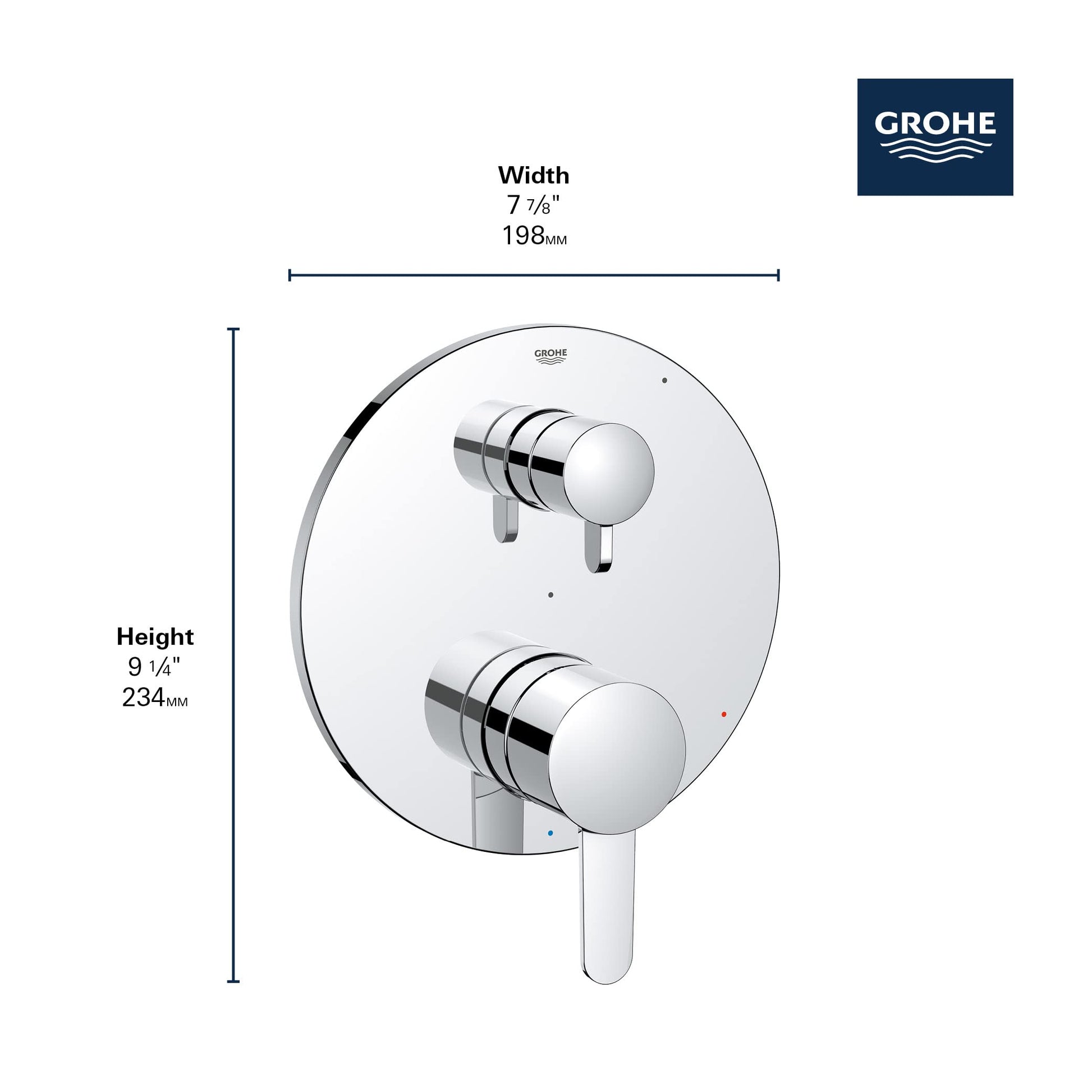 Chrome pressure balance shower valve with round trim plate, dual handles, and integrated diverter, measuring 7 7/8" wide by 9