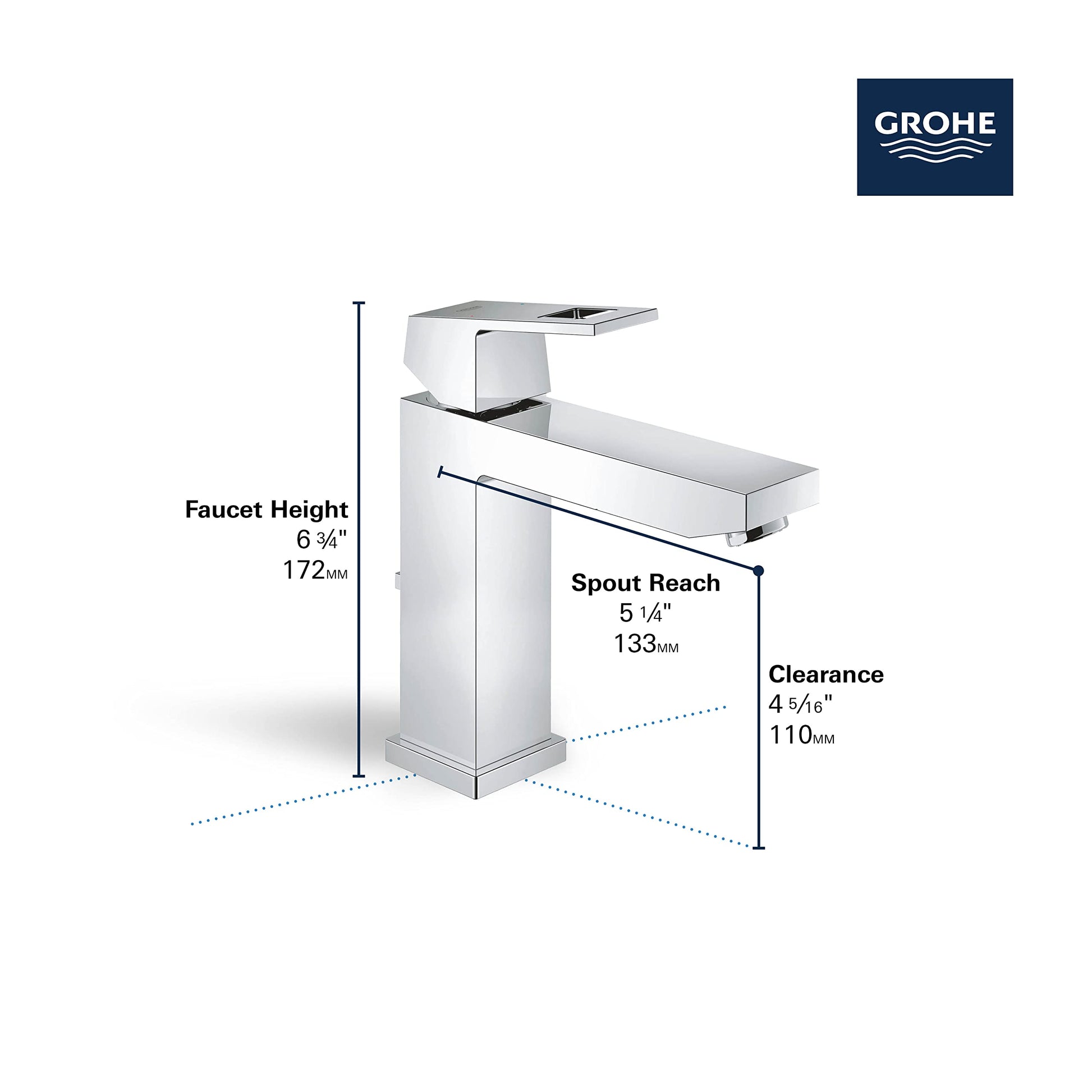 Grohe Eurocube single-handle bathroom faucet with brushed finish, showing height, spout reach, and clearance dimensions.