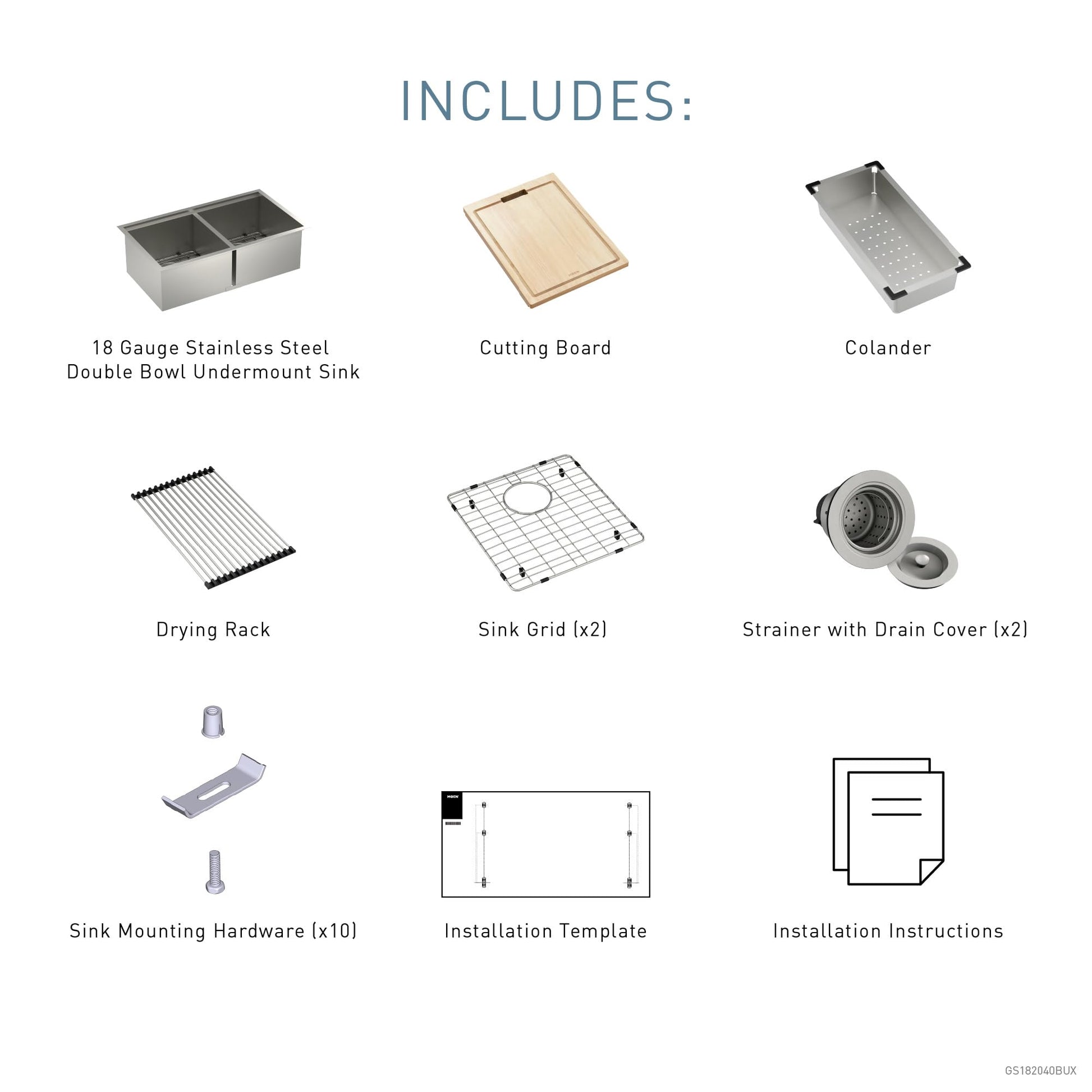 Stainless steel double bowl undermount sink with included cutting board, colander, drying rack, sink grids, strainers, and mo