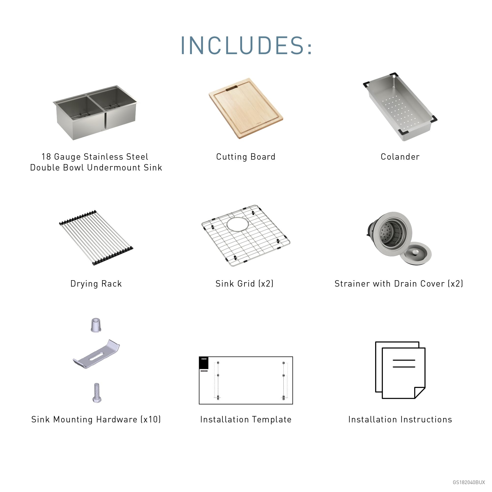 Stainless steel double bowl undermount sink with included cutting board, colander, drying rack, sink grids, strainers, and mo