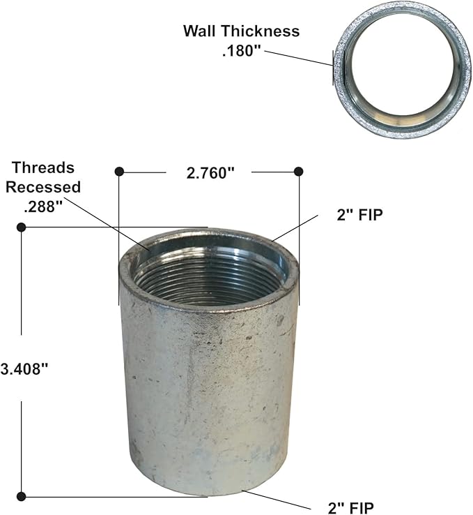 Galvanized steel drive coupling with 2" female threaded ends, recessed threads, and .180" wall thickness.