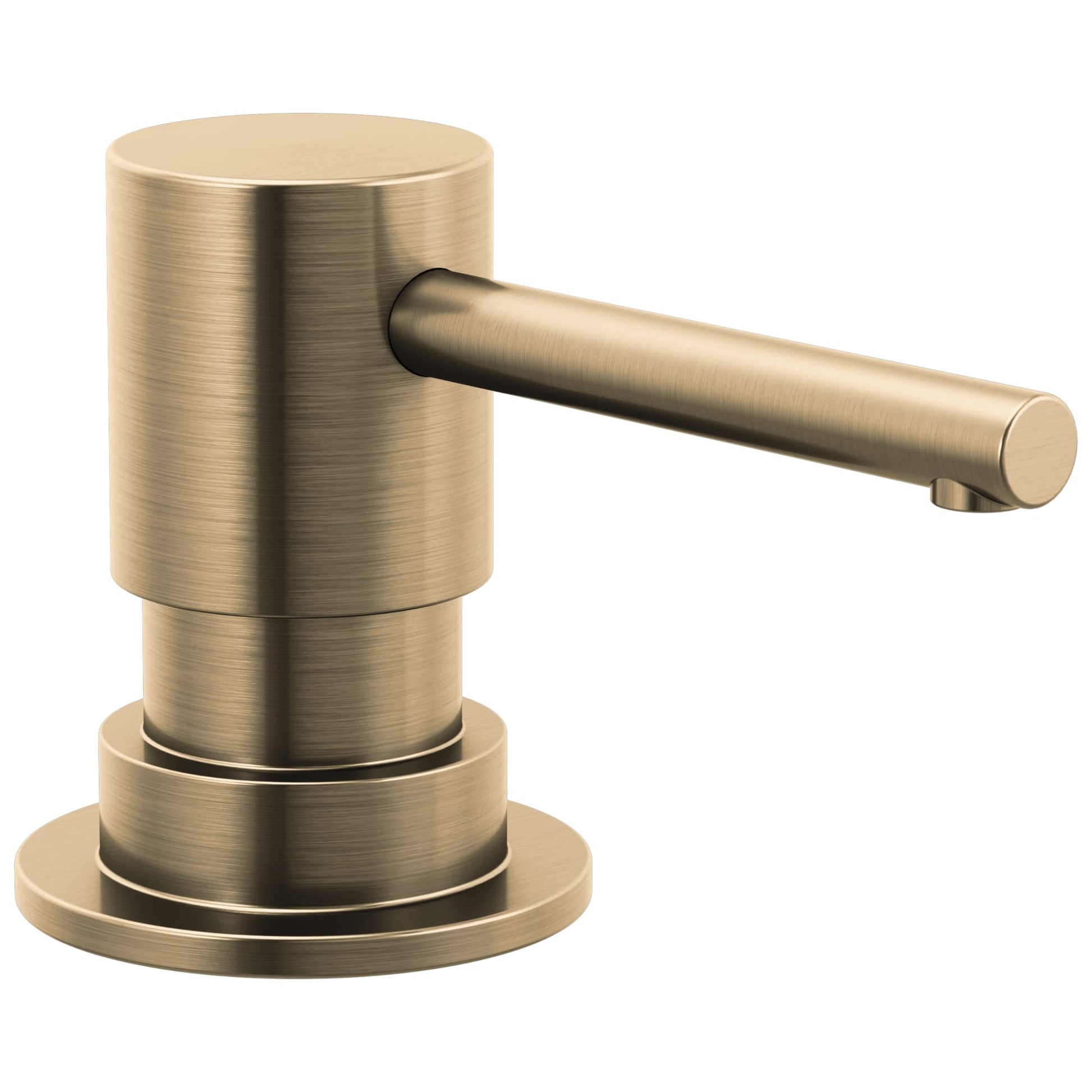 Champagne bronze metal soap dispenser with cylindrical pump and round base.