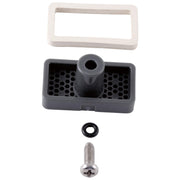 Chrome spout tip assembly with white collar, gray base with mesh insert, black rubber washer, and chrome mounting screw.