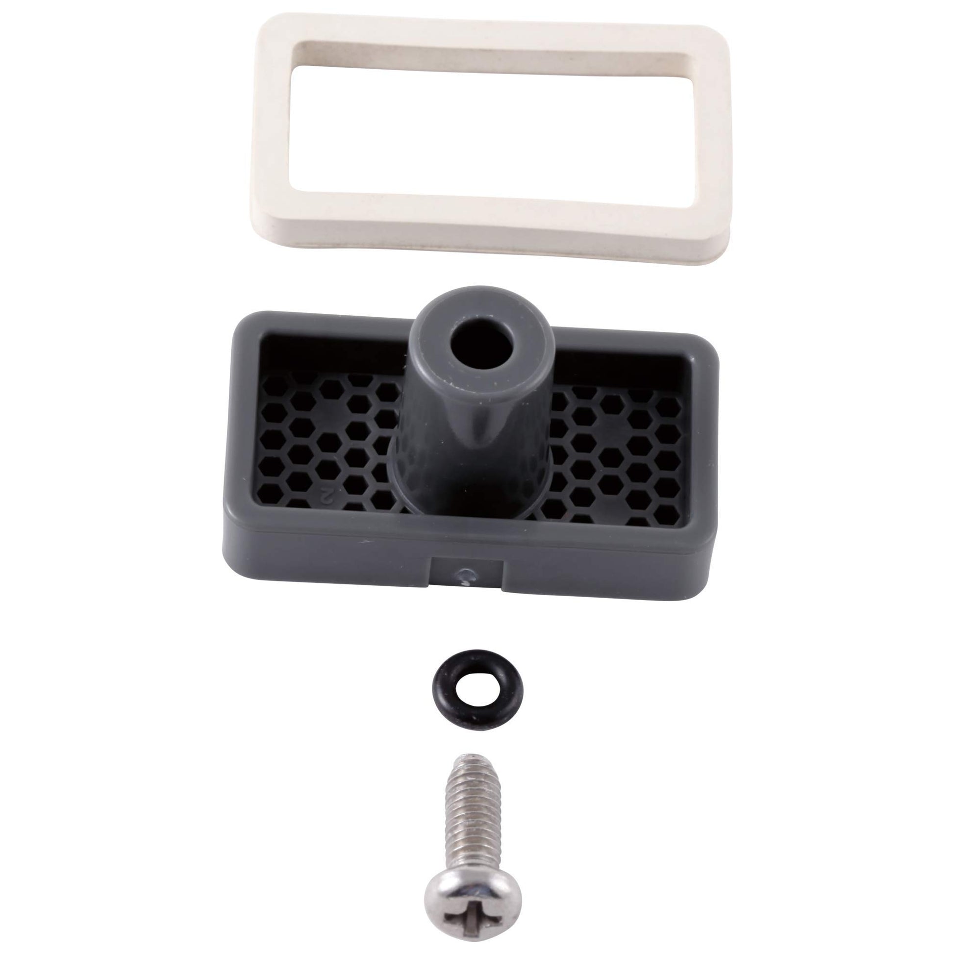 Chrome spout tip assembly with white collar, gray base with mesh insert, black rubber washer, and chrome mounting screw.