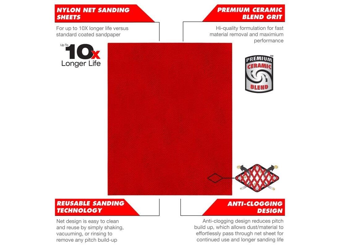 Five red 9x11 inch 400-grit SandNET sanding sheets with nylon net surface and ceramic blend grit.