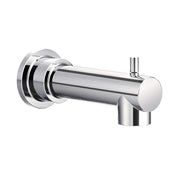 Chrome diverter spout with round wall-mounted flange and angled outlet tube.