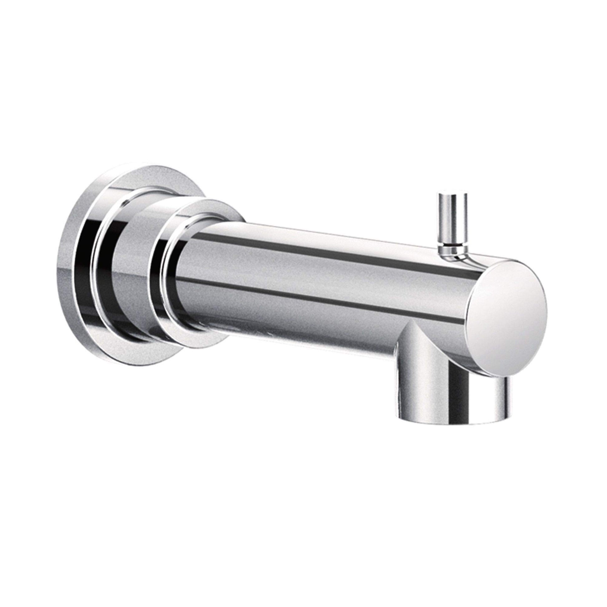 Chrome diverter spout with round wall-mounted flange and angled outlet tube.