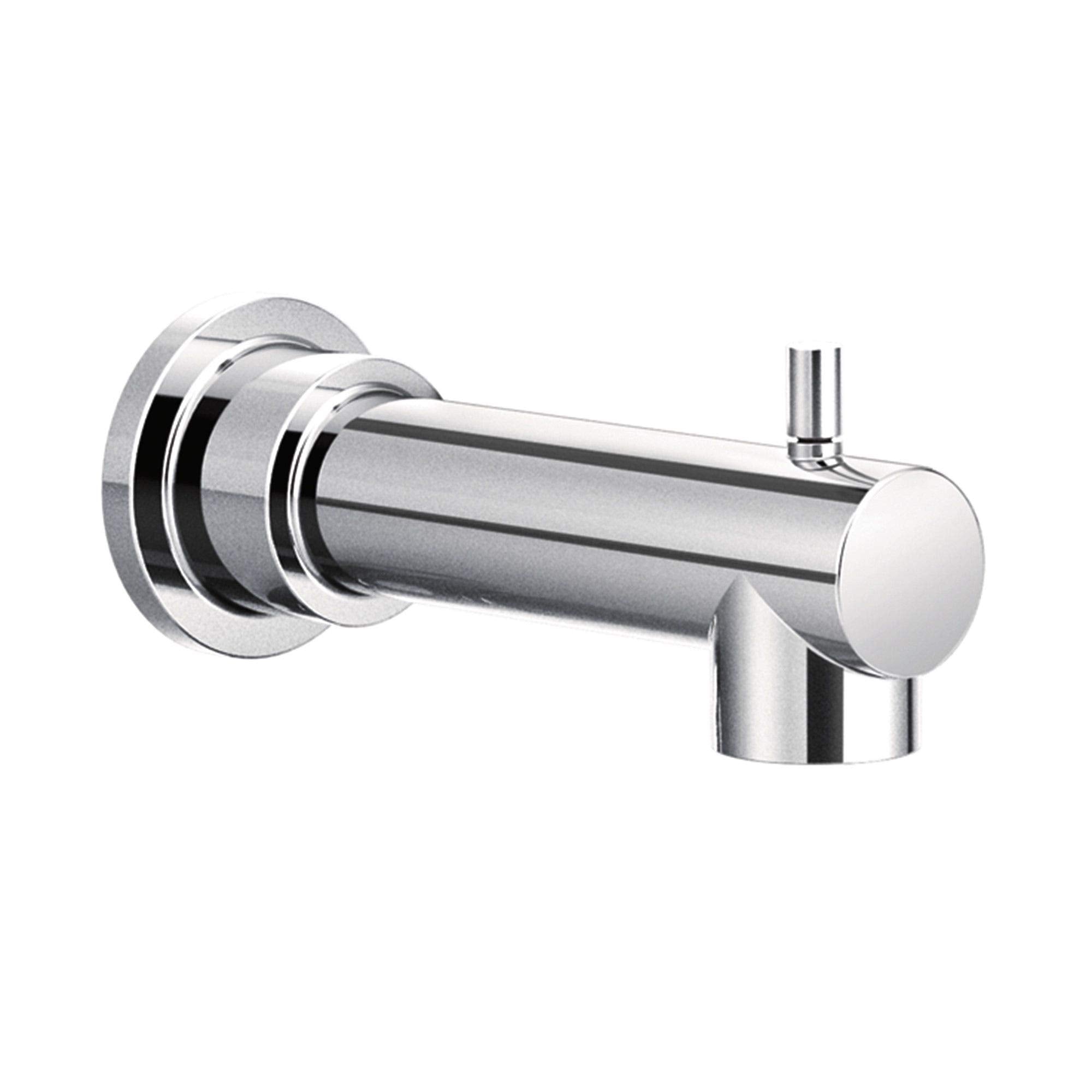 Chrome diverter spout with round wall-mounted flange and angled outlet tube.
