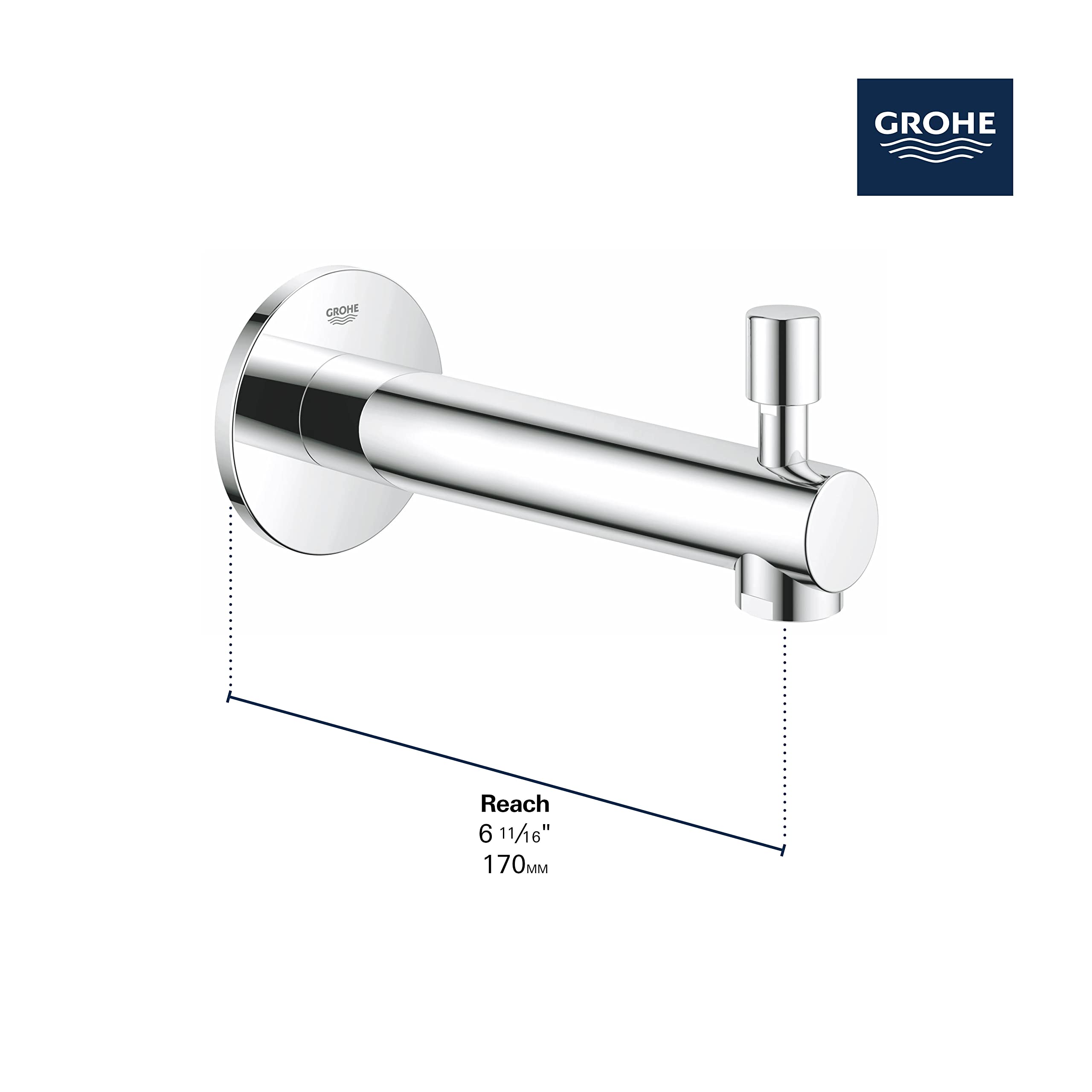 Grohe Concetto chrome tub spout with diverter lever and circular wall mount, reach 6 1/4 inches.