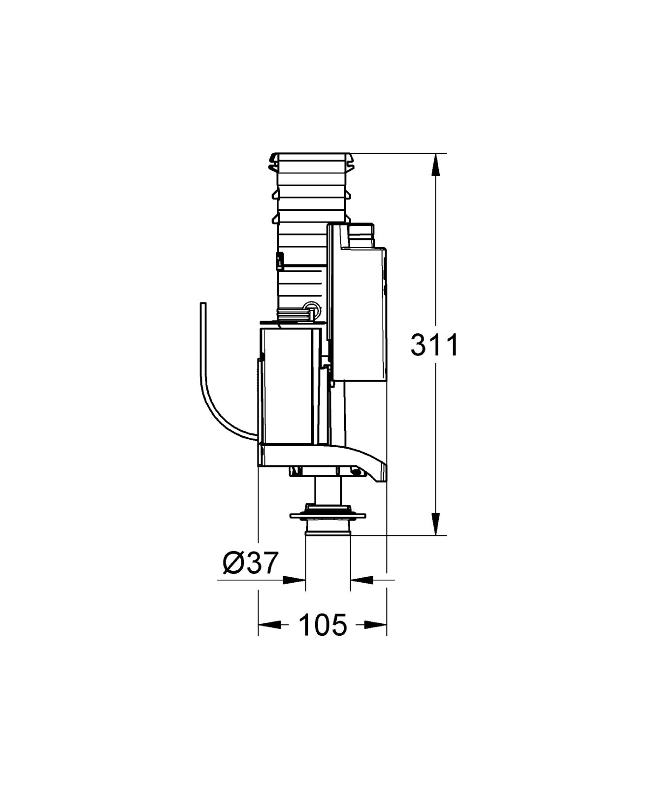 Grohe dual flush discharge valve assembly with chrome finish, showing internal mechanism and dimensions of 311mm height and 1