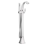Chrome freestanding floor-mount tub filler with curved spout, single handle, and attached handshower with hose.