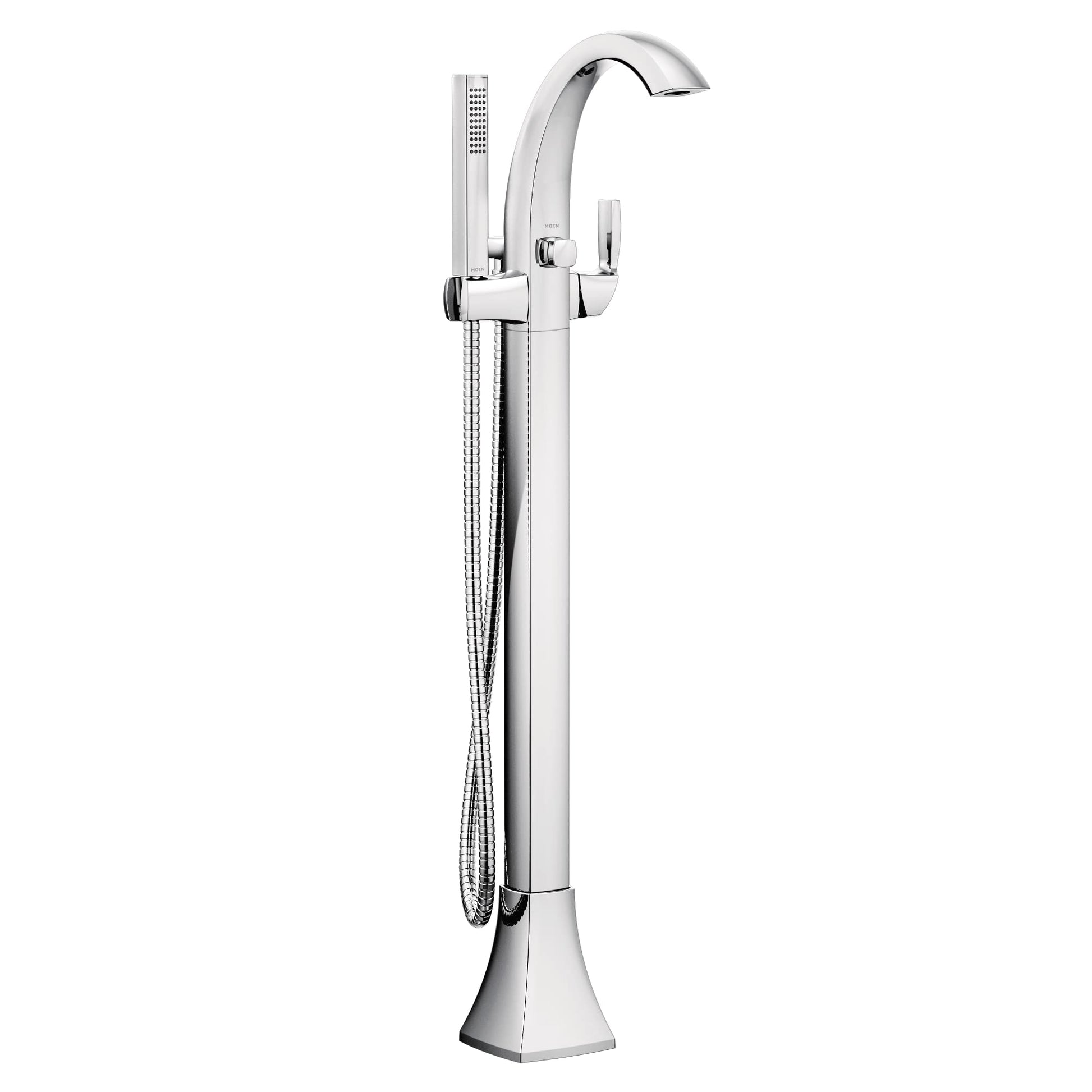 Chrome freestanding floor-mount tub filler with curved spout, single handle, and attached handshower with hose.