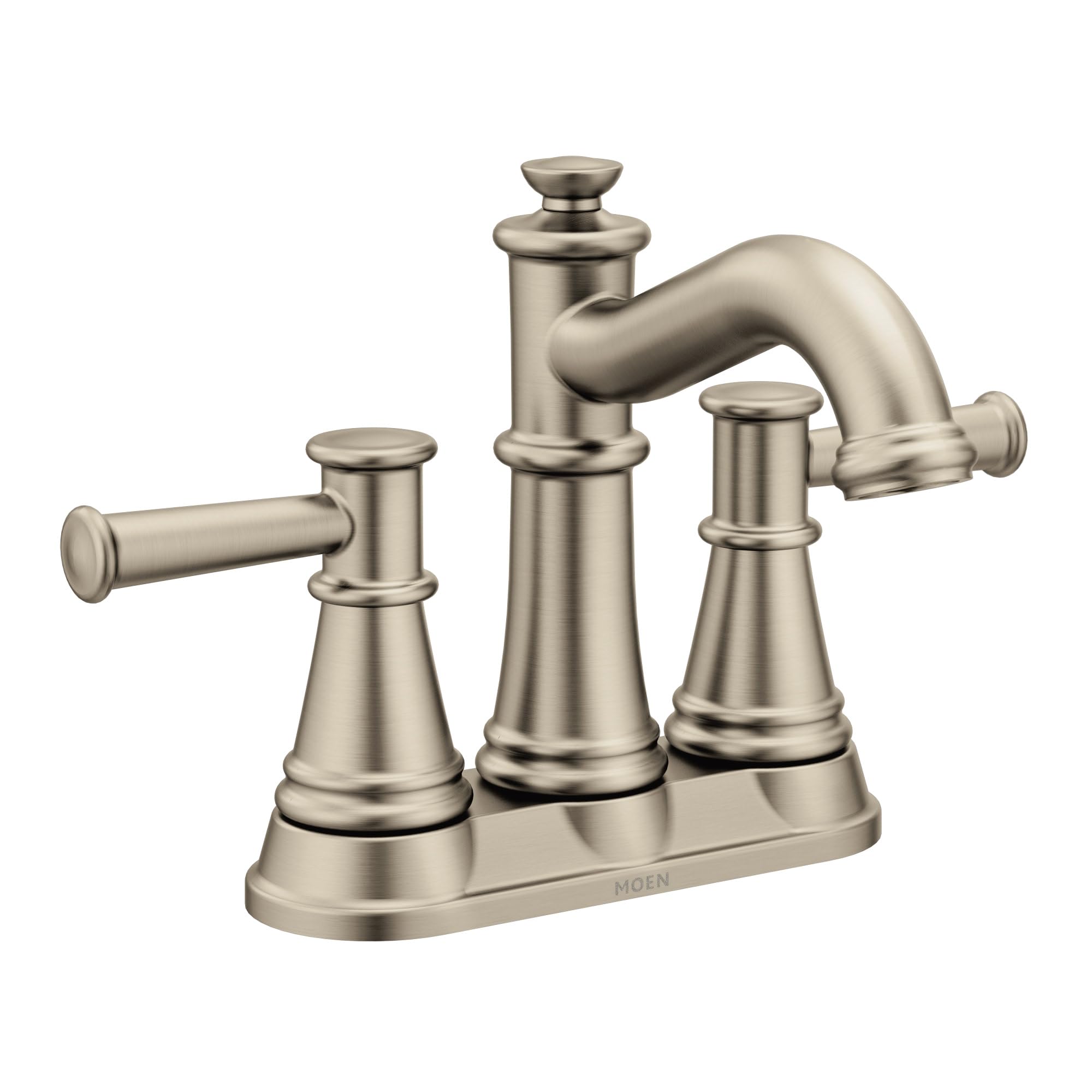 Brushed nickel two-handle bathroom faucet with curved spout and tapered cylindrical handles on shared base.
