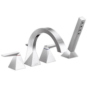 Chrome two-handle arc Roman tub trim with hand shower wand and square base handles.