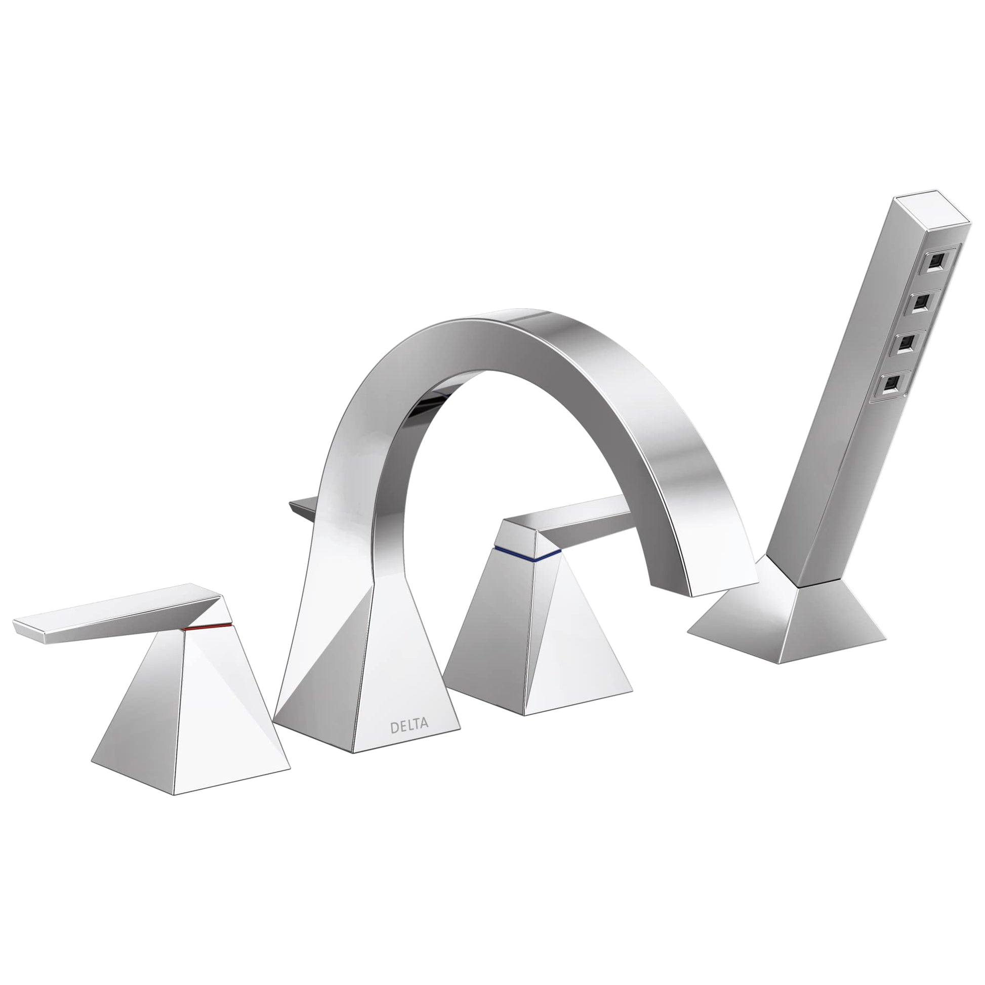 Chrome two-handle arc Roman tub trim with hand shower wand and square base handles.