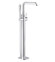 Chrome freestanding tub faucet with single handle, curved spout, and handheld shower attachment.