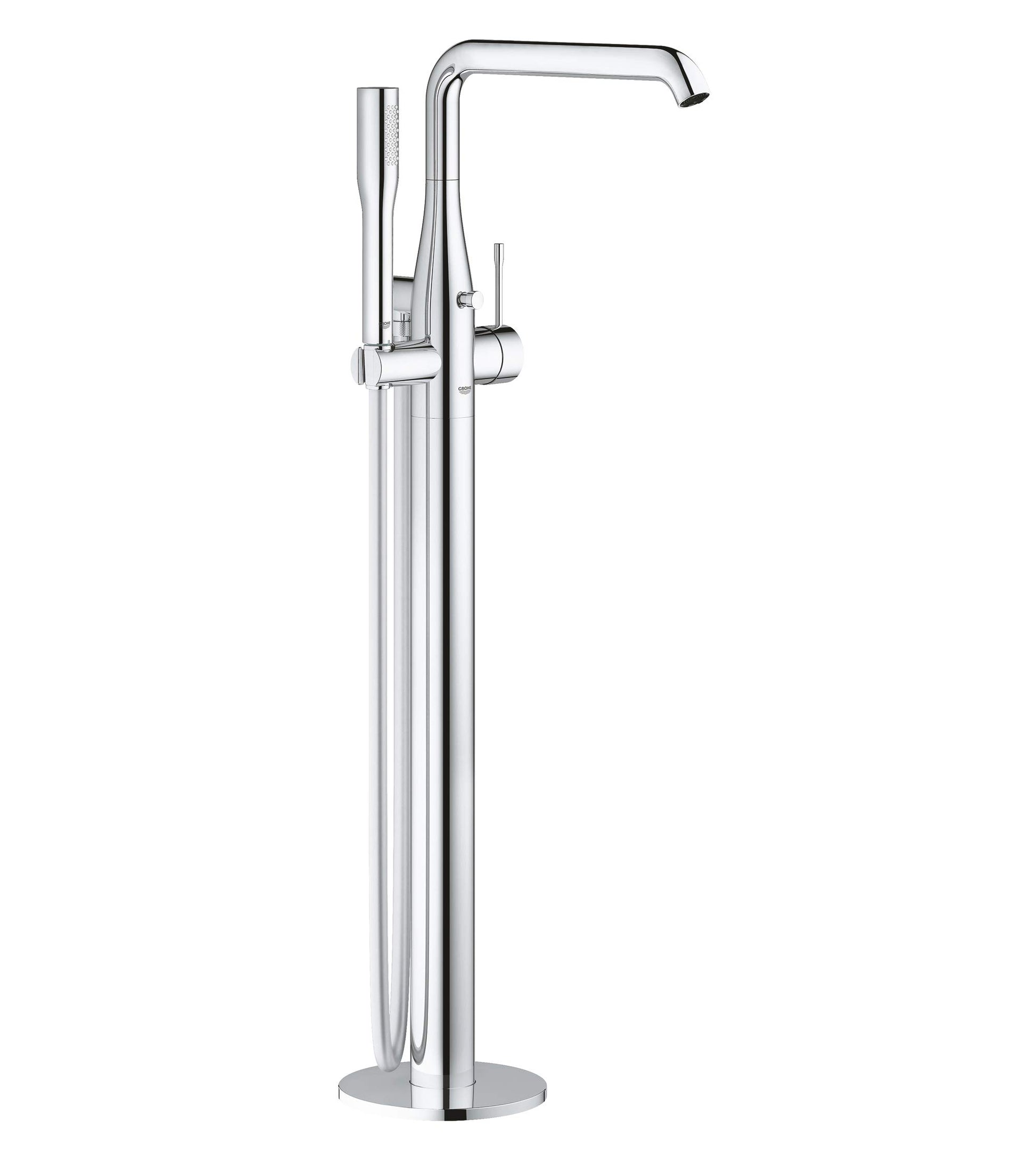 Chrome freestanding tub faucet with single handle, curved spout, and handheld shower attachment.